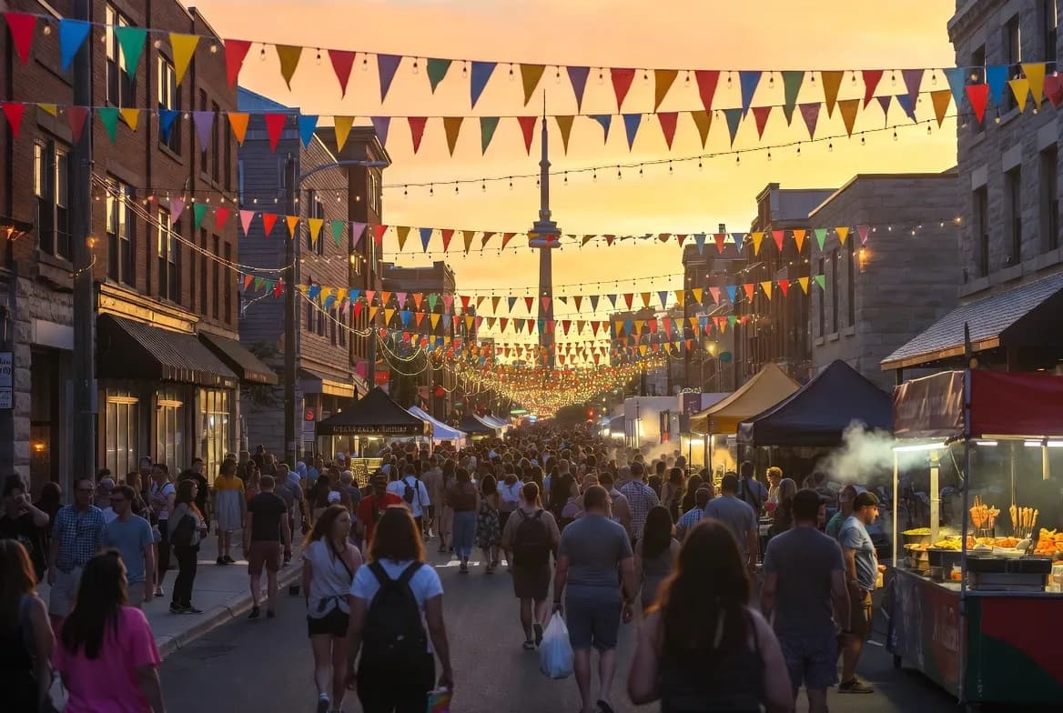 Toronto street festival with colorful bunting and crowds