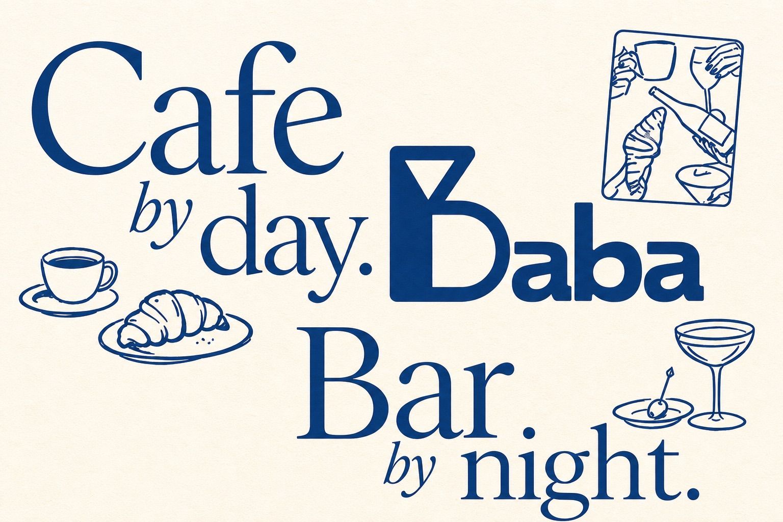 Baba wordmark with cafe-by-day and bar-by-night illustrations