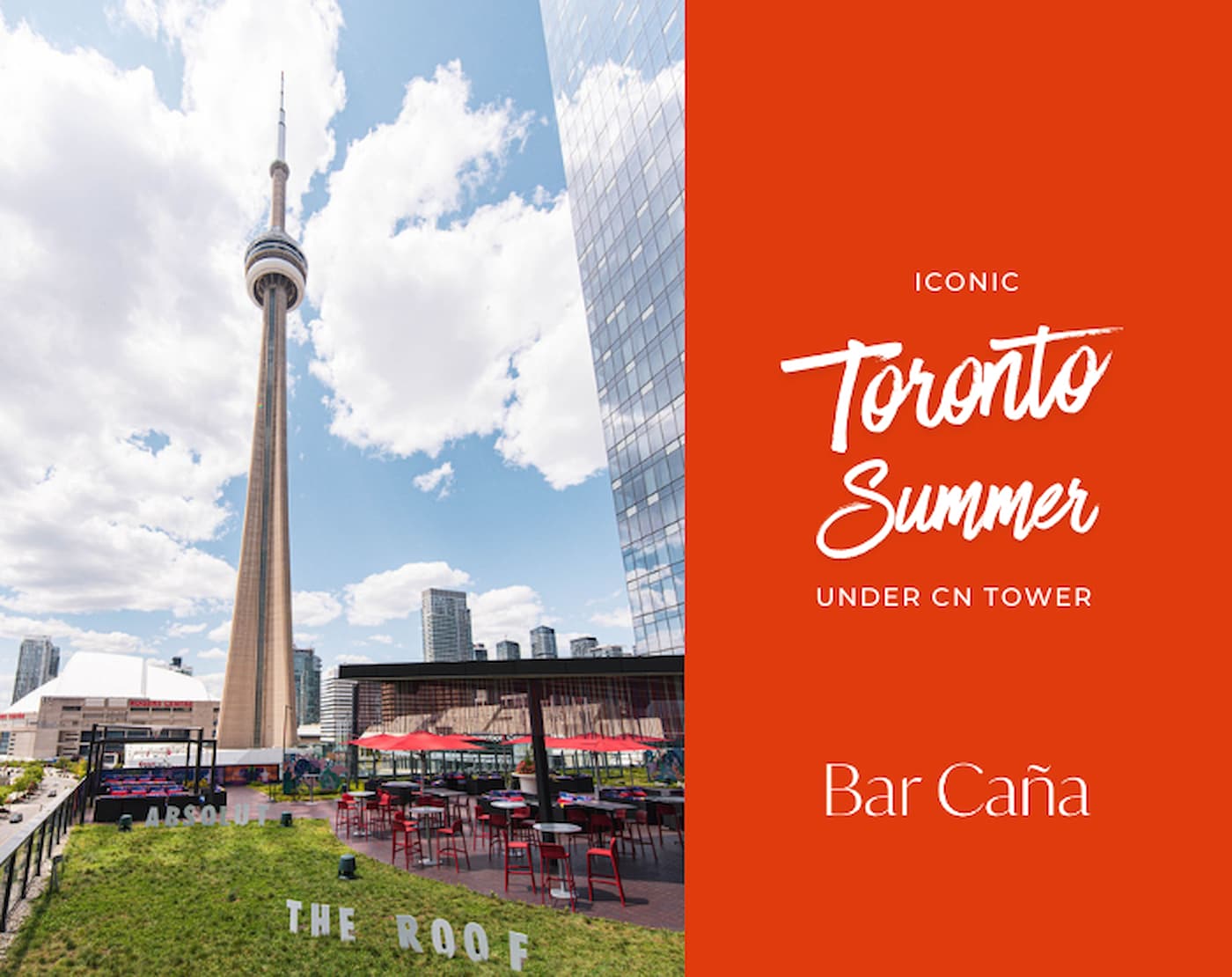 Bar Caña rooftop seating with the Toronto skyline nearby