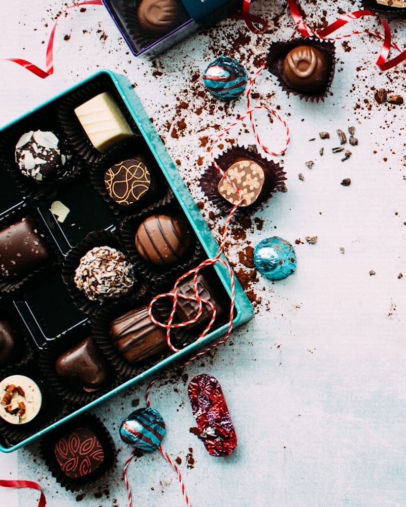 Elegant display of artisan chocolates and French pastries