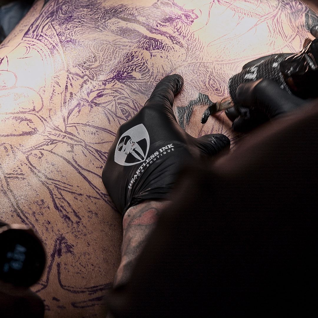 Custom tattoo work photographed for Heartless Ink’s official studio site