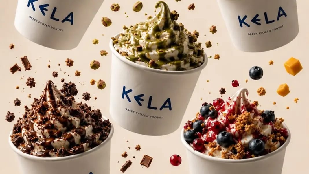 A cup of Greek frozen yogurt with premium toppings at Kela in Toronto