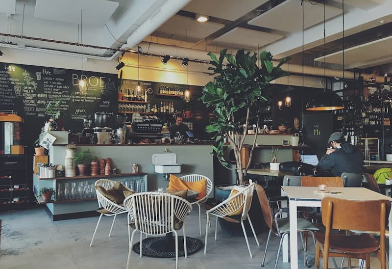 Cozy cafe interior with natural light and warm wood furnishings