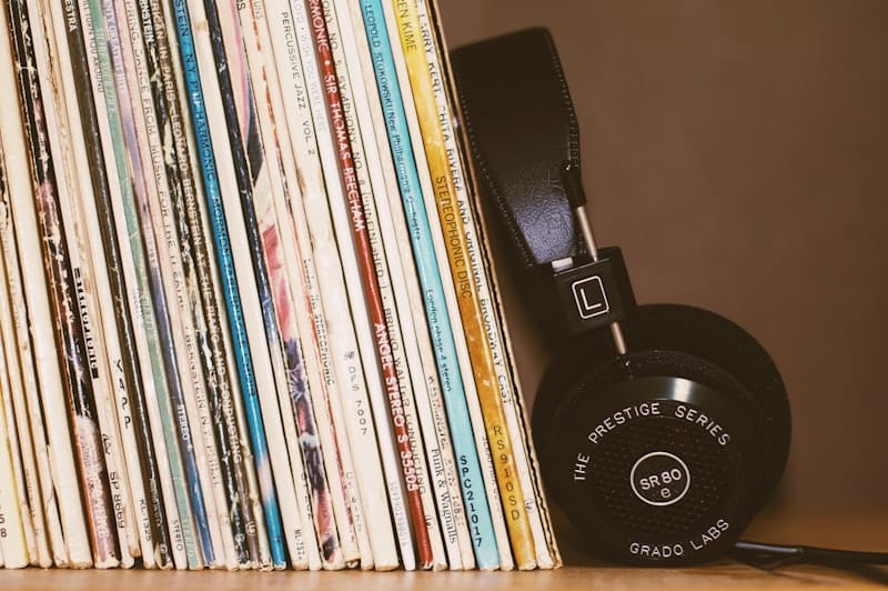 Record shop interior with vinyl crates and warm industrial lighting