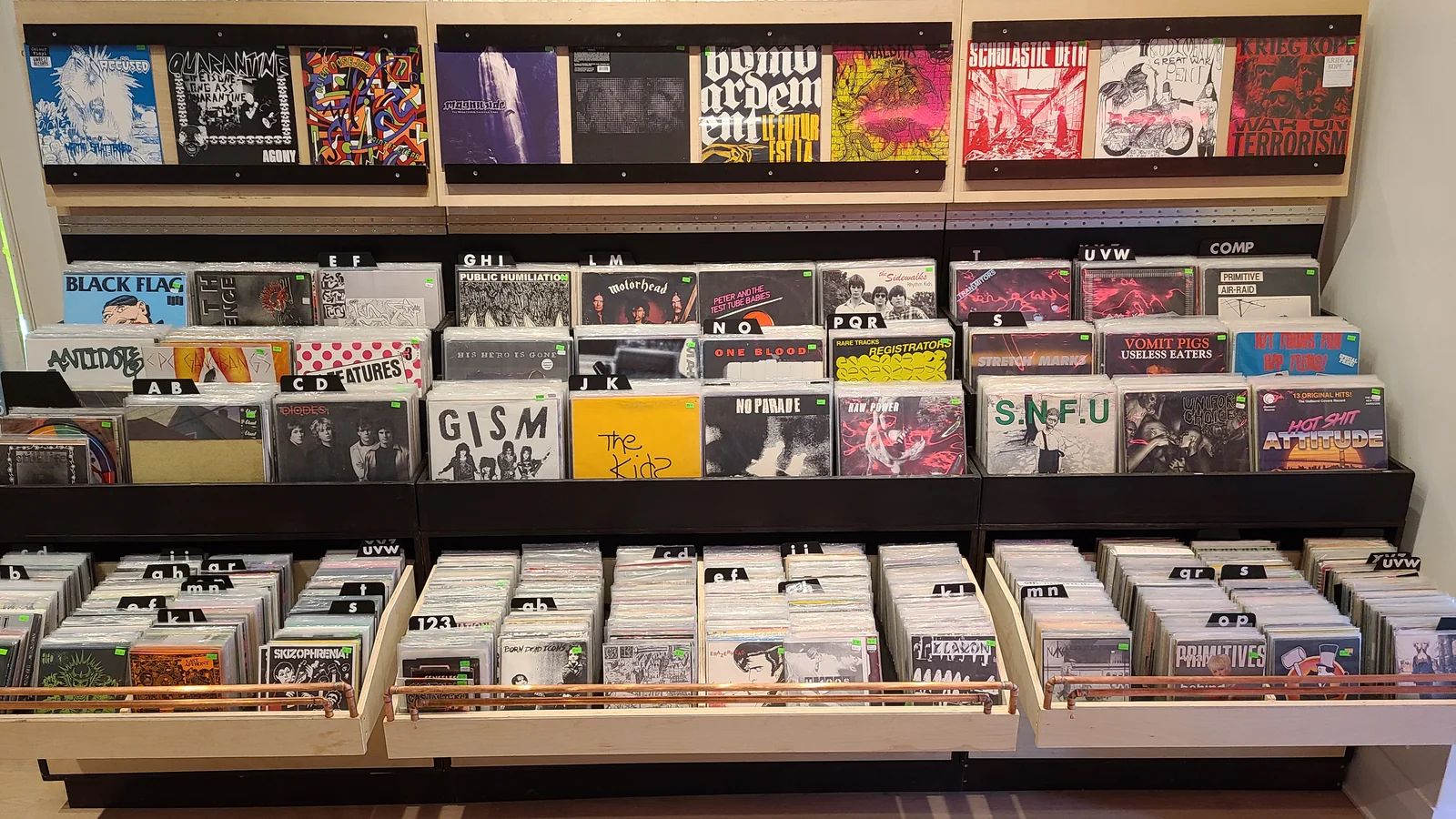 Punk and hardcore vinyl bins at Record Shop Emissions, official shop photograph