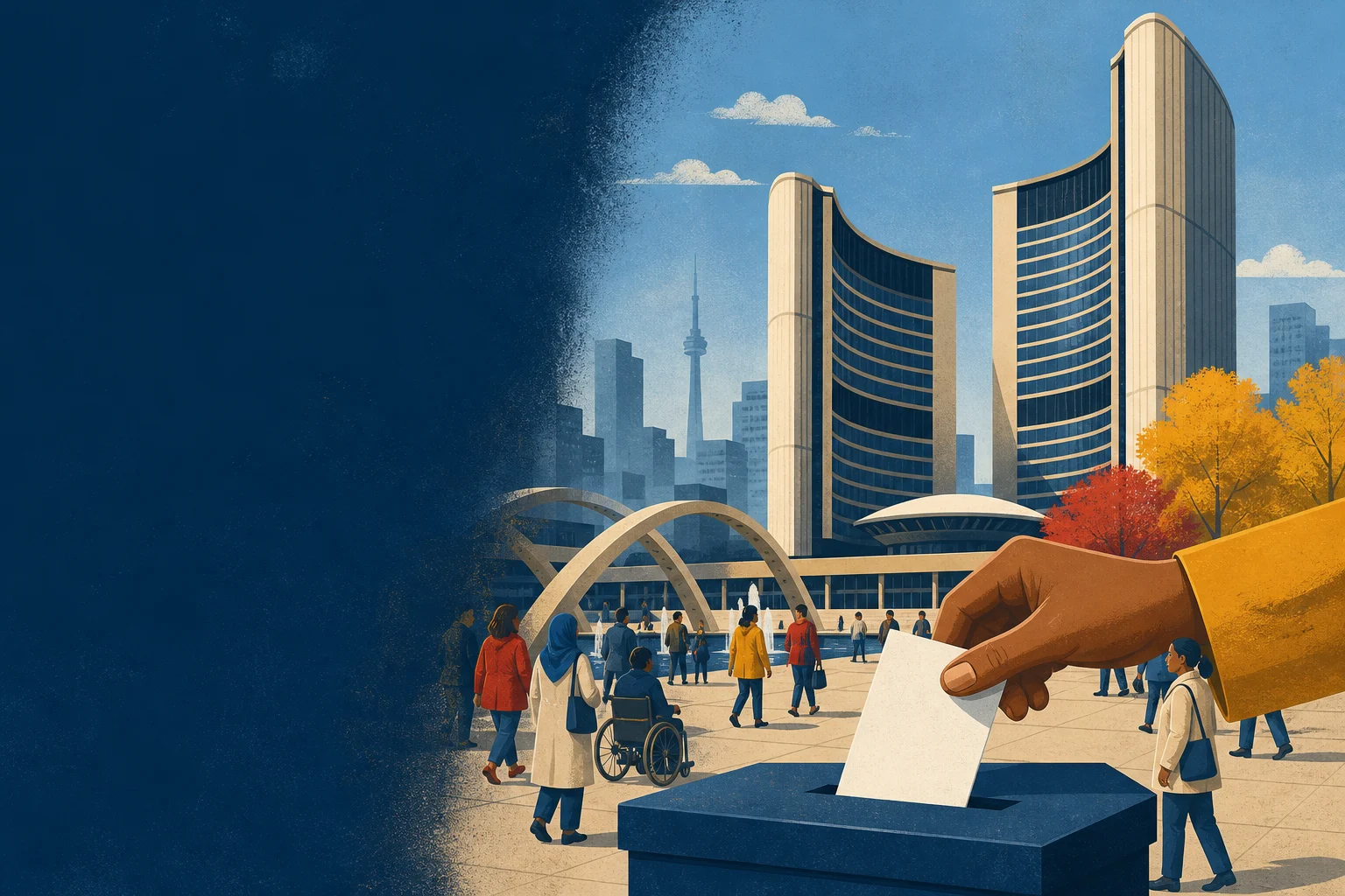 Editorial illustration of a ballot being cast outside Toronto City Hall